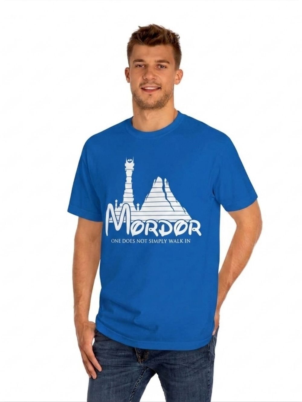 American Apparel Blue Short-Sleeve Graphic Tee with White Mordor Print